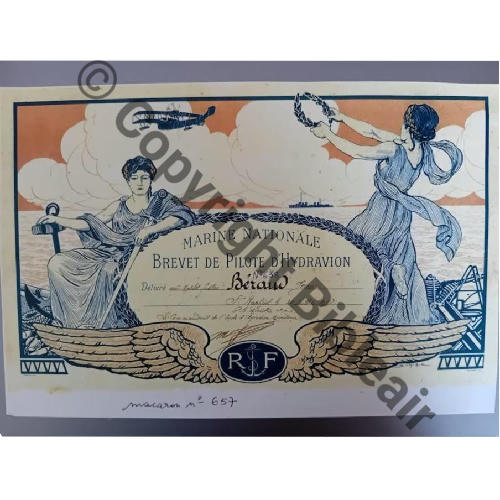 BREVET PILOTE HYDRAVION No657 BERAUD JEAN BREVET PAPIER No 638 30.07.1918  .Src.G.COTTAREL Petit fils 